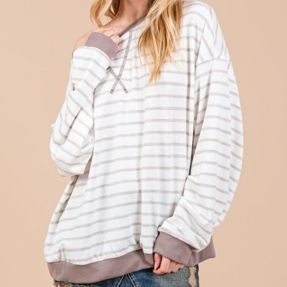 Mocha Striped Round Neck Drop Shoulder Sweatshirt - Picture 1 of 4